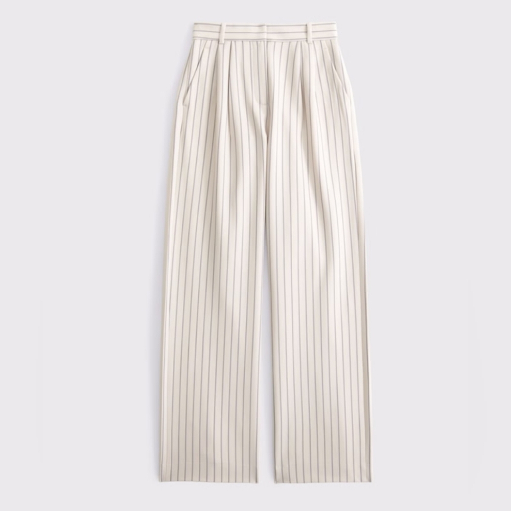 ABERCROMBIE & FITCH Curve Love Sloane Tailored Wide Leg Pant Cream Pinstripe 34S - Picture 3 of 17